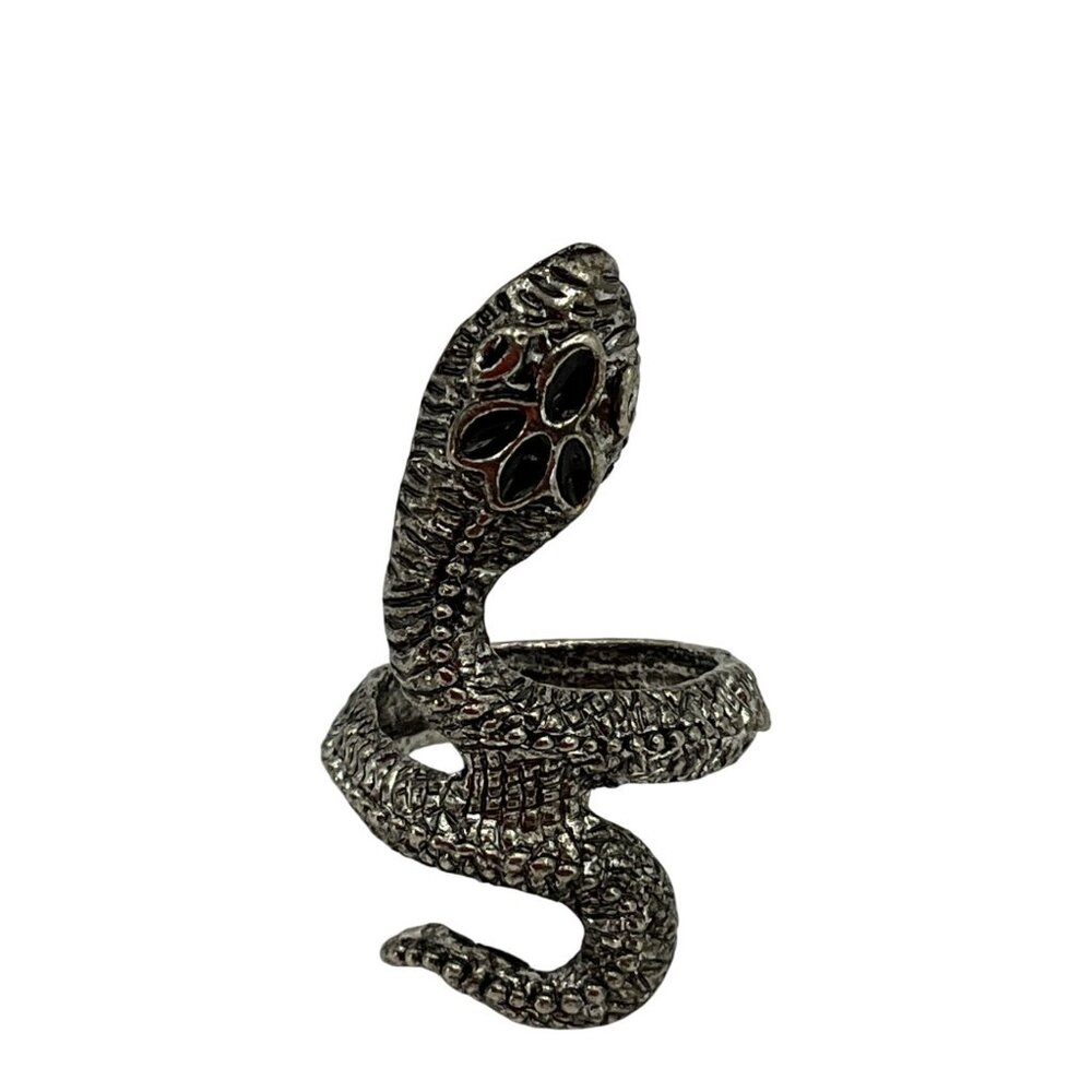 VTG Snake Sculped Figural Wrap Ring Sz 7 Silver BlackTone Details Goth Whimsical
